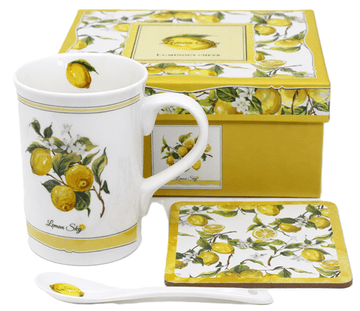 Porcelanasta skodelica LEMONS 320 ml z žličko in podstavkom, idealna za darilo