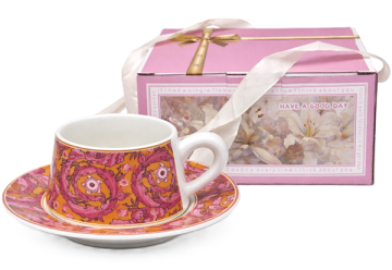 Skodelica s krožnikom 300 ml roza premium porcelan + darilna škatla