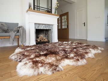 Preproga iz prave ovčje kože, barvana z muflonom, Sexto koža, bela in rjava, 200 x 180 cm, luksuzna talna obloga iz naravne volne