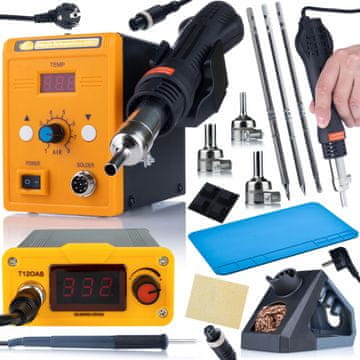 Rosfix Komplet spajkalne postaje Orange Akbash Standard T12OAS + spajkalnik vročega zraka 858D + konice T12-IL T12-B T12-BC4 + silikonska spajkalna podloga