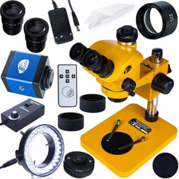 Rosfix Trinokularni mikroskop 7–50 × 102 mm s kamero FullHD HDMI/VGA + Barlowovo lečo 0,5 × povečavo + 56-kratno LED osvetljevalko | Profesionalni komplet za pregled in spajkanje elektronike