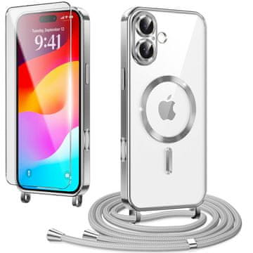 Overboard Komplet ovitkov za iPhone 17, Electro MagSafe, srebrn + vrvica za vtičnico + zaščitno steklo za zaslon