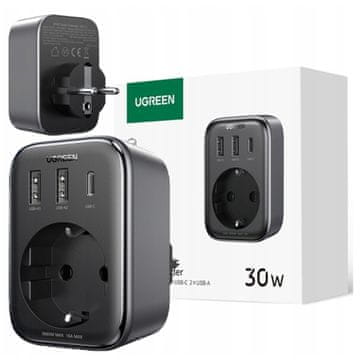 Ugreen 30W stenski polnilnik (2xUSB/USB C/AC) / EU - EU 13A adapter CD314 - črn