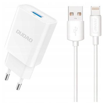 DUDAO A4EU USB-A 2.1A stenski polnilnik - bel + USB-A - Lightning kabel