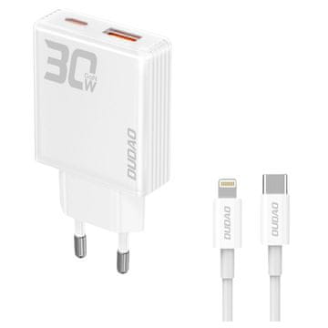 DUDAO A30EUL 30W GaN USB-A / USB-C stenski polnilnik + USB-C - kabel Lightning - bel
