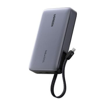 Ugreen Prenosna baterija 20000mAh PB551, 145W, USB + USB-C, vgrajen kabel (siva)