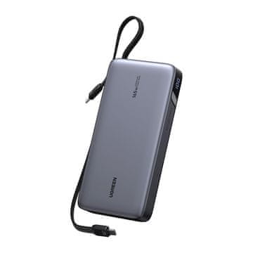 Ugreen Prenosna baterija 25000mAh PB552, 165W, USB + USB-C, vgrajen kabel (siva)
