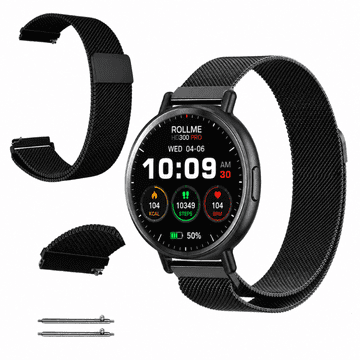 Pašček za uro Rollme HD300 Pro, kovinski pašček, 22 mm, črne barve