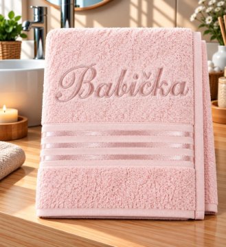 Frotirna brisača Linie collection z vezenino Babica - 50x100 cm, svetlo roza