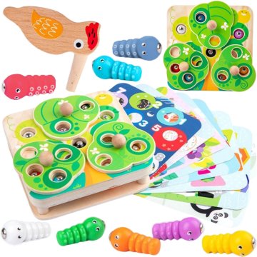 Tooky Toy Drewniana Gra Zręcznościowa 2w1 Wyciągnij Robaczki dla Dzieci