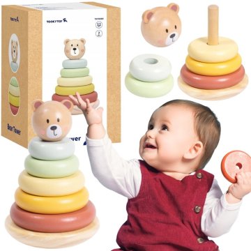 Tooky Toy Drewniana Układanka Sensoryczna Piramidka Miś Sensoryczny Kolorowy Stacker