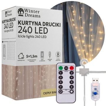 sarcia.eu Notranja svetlobna zavesa ŽICE 240 LED lučk, toplo bela 5x1,5m z DALJINSKIM UPRAVLJALNIKOM, kavlji, 8 načinov, USB