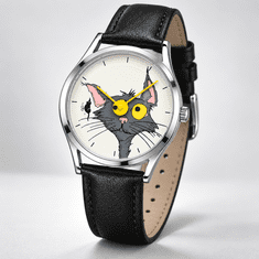 HOME & MARKER® Animirana ročna ura z mačjim motivom, vrtljiva številčnica, kvarčni mehanizem, pašček iz umetnega usnja, odporna proti škropljenju | KITCLOCK