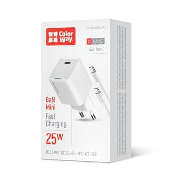 ColorWay GaN Mini 25W PD Port PPS USB-C AC polnilnik bel, s kablom USB-C (CW-CHS052PDC-WT)
