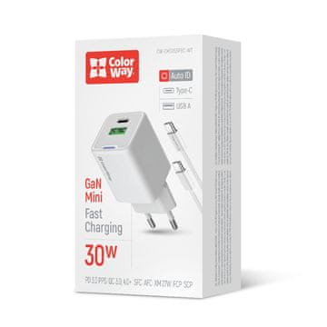 ColorWay GaN Mini 30W PD Port PPS USB (Type-C PD + USB QC4.0) AC polnilnik bel, s kablom Type-C (CW-CHS053PDC-WT)