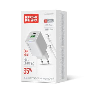 ColorWay GaN Mini 35W PD Port PPS USB-C AC polnilnik bel, kabel Type-C (CW-CHS055PDC-WT)