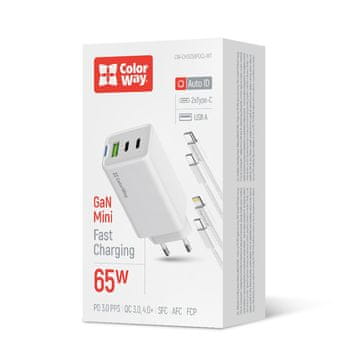 ColorWay GaN Mini 65W PD Port PPS USB (USB-2C1A) AC polnilnik, kabla Type-C in Lightning (CW-CHS058PDCL-WT)
