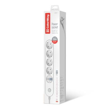 ColorWay Podaljšek 4 vtičnice / 4 USB (2× USB-C PD 20W + 2× USB-A QC 3.0), 2m, bel (CW-CHE44PDW)