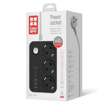 ColorWay Podaljšek s prenapetostno zaščito 3 vtičnice / 6 USB (3× USB-A + 3× USB-C PD 20W), 2 m, črn (CW-CHE36PDB)