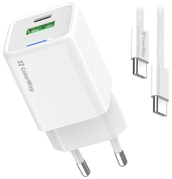 COLORWAY 1x USB-C/ omrežni polnilnik/ GaN/ PD/ PPS/ QC/ 30W/ vključen 100 cm kabel/ bela
