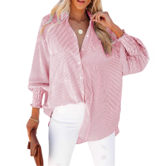 Ženska srajca v črtah rdeča elegantna casual z gumbi po celotni dolžini, sproščen kroj, elastični manšeti, žepi, lahka mehka tkanina za vsak dan, kombinacija z jeansi, velikost L