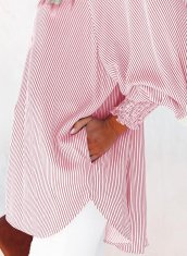 Ženska srajca v črtah rdeča elegantna casual z gumbi po celotni dolžini, sproščen kroj, elastični manšeti, žepi, lahka mehka tkanina za vsak dan, kombinacija z jeansi, velikost L