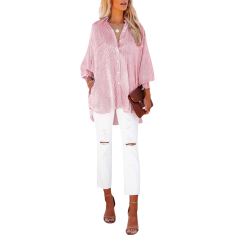 Ženska srajca v črtah rdeča elegantna casual z gumbi po celotni dolžini, sproščen kroj, elastični manšeti, žepi, lahka mehka tkanina za vsak dan, kombinacija z jeansi, velikost L