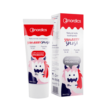 ZOBNA PASTA Z OKUSOM JAGODE ZA OTROKE S PROBIOTIKI, BREZ FLUORIDA, 50 ml - NORDICS