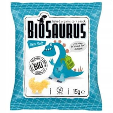 Biosaurus Koruzni čips Dinosaurs z morsko soljo brez glutena, ekološki 15 g