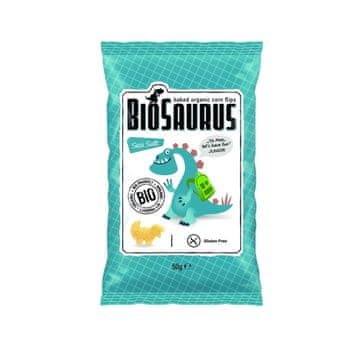 Biosaurus Koruzni čips Dinosaurs z morsko soljo, brez glutena, ekološki, 50 g