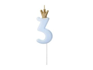 PartyDeco Rojstnodnevna sveča številka 3 s krono, svetlo modra