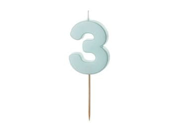 PartyDeco Rojstnodnevna svečka številka 3, svetlo modra, 5,5 cm