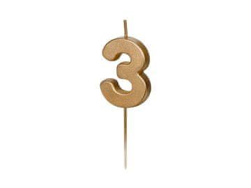 PartyDeco Rojstnodnevna sveča številka 3, zlata, 5,5 cm