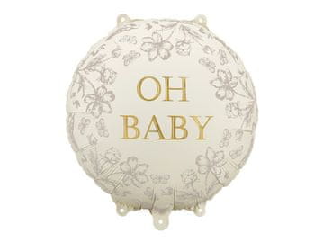 PartyDeco Okrogel folijski balon Oh Baby - bež z zlatim napisom, 35x35 cm
