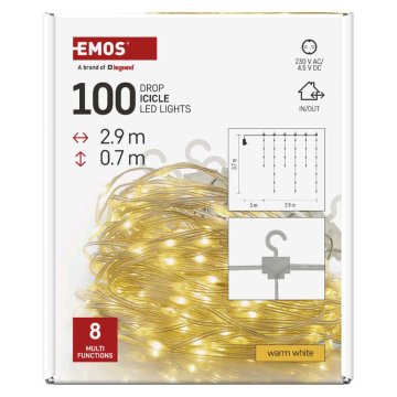 Emos LED božična drop veriga – ledene sveče, 2,9 m, zunanja in notranja, topla bela, programi