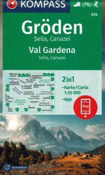 Groden / Val Gardena, Sella, Canazei. Vodotesna turistična karta 616. Izdaja 2024.