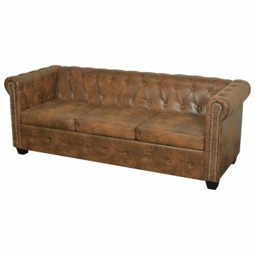 Vidaxl Chesterfield kavč 3-sedežni rjav umetni usnje