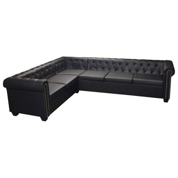 Vidaxl Chesterfield kotna sedežna garnitura za 6 oseb, črna umetna koža