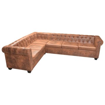 Vidaxl Chesterfield kotna sedežna garnitura za 6 oseb, rjava umetna koža