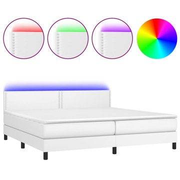 Vidaxl Box spring postelja z vzmetnico LED bela 200x200cm umetno usnje