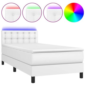 Vidaxl Box spring postelja z vzmetnico LED bela 90x200 cm umetno usnje