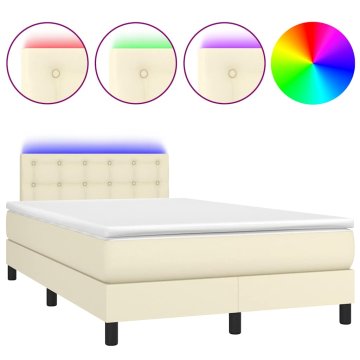 Vidaxl Box spring postelja z vzmetnico LED krem 120x200cm umetno usnje
