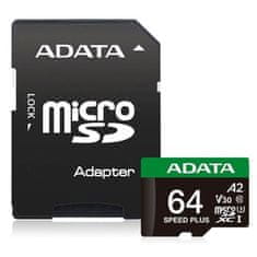 A-Data Speed Plus 64GB 160 MB/s / 140 MB/s pomnilniška kartica, U3, C10, A2, V30, z adapterjem