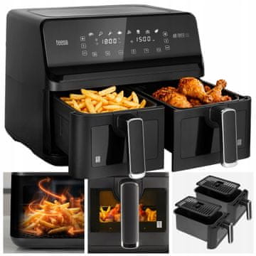 Teesa XXL 2700W LCD touch dvojni cvrtnik na zrak brez maščobe 8L friteza črna