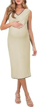 Elegantna nosečniška midi obleka za dojenje, bodycon kroj, V-izrez, bež barva, pletenina cable knit, elastična in udobna za nosečnice, brez rokavov, velikost XL, primerna za vsakodnevno nošenje in