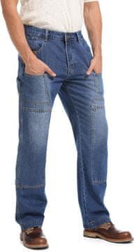 Moške delovne jeans hlače Carpenter loose fit skater ojačane z dvojnim materialom na kolenih 9 žepov 3 orodne zanke bakreni okovi denim 12 oz modre retro wash velikost W30 L32 za delo in vsakdan