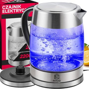 Retoo Velik električni grelnik vode, 1,7 l, močan, 2200 W, LED, jeklo in steklo