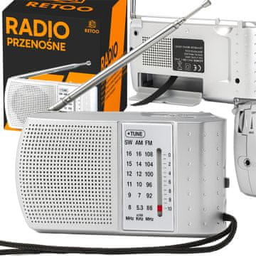 Retoo Prenosni kuhinjski radio na baterije, majhen, FM, am, sw, anteno, srebrne barve, za gradbišča