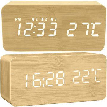 Retoo Elektronska budilka, ura in termometer - lesena budilka