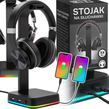 Retoo Stojalo z držalom za slušalke, RGB osvetlitev, USB hub